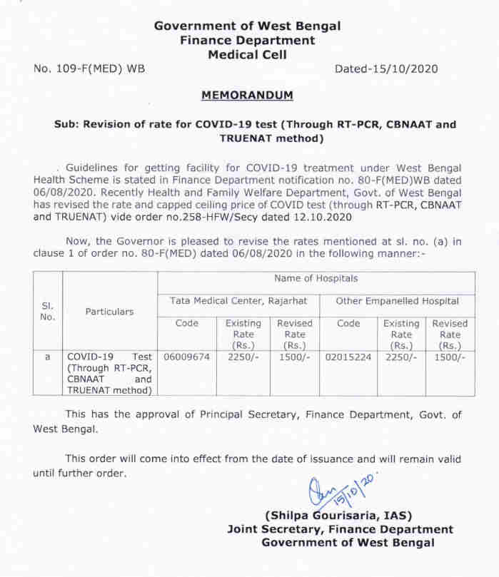 Revision of rate for COVID-19 test (Through RT-PCR, CBNAAT and TRUENAT method)