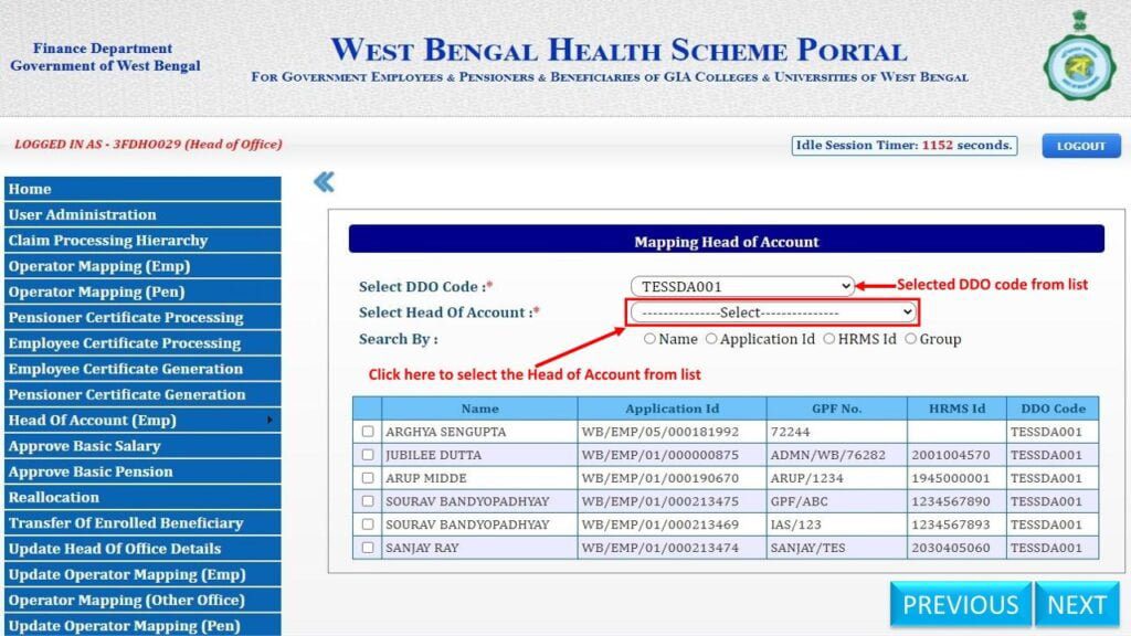 Select Head Of Account in WBHS Portal