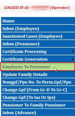 Click on Employee to Pensioner option