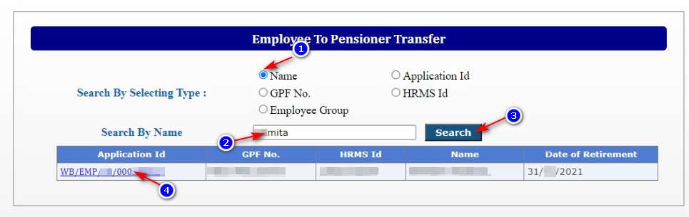 Employee to pensioner transfer search employee