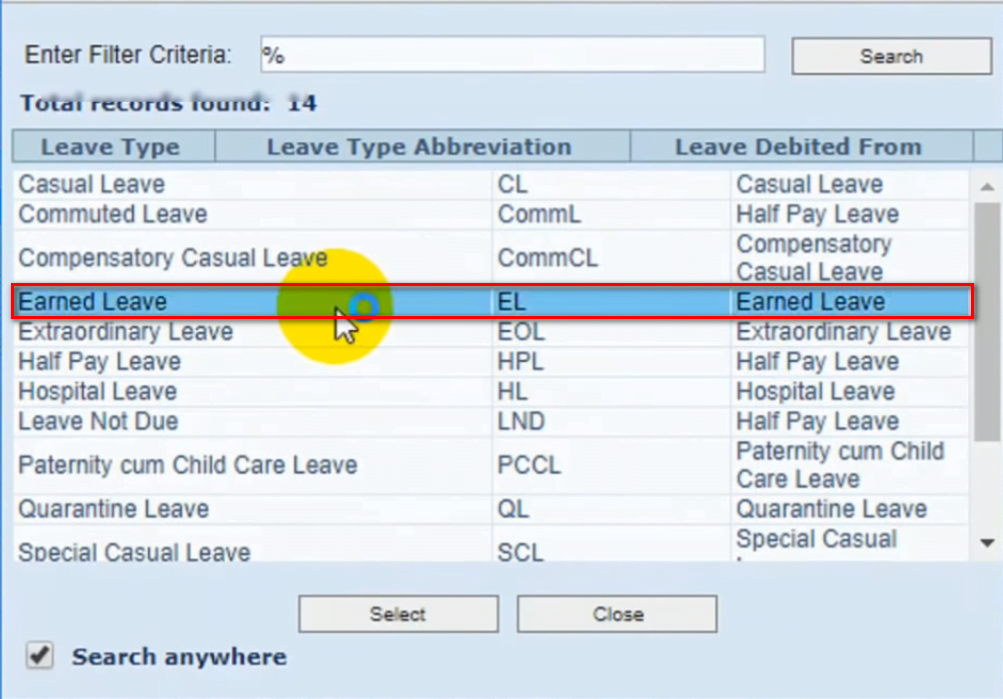 Select Earned Leave from the list of value