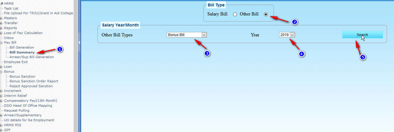 Create Bonus Bill Search bill summery