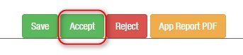 "Save", "Accept", "Reject", "App report PDF" 