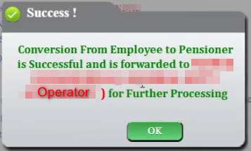 Success message for employee to pensioner