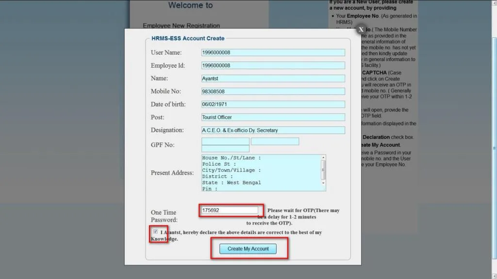HRMS- eSE Account Creation page
