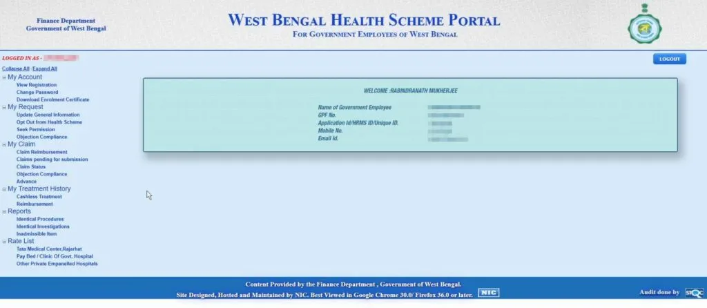 Available options in the Employee login in WBHS
