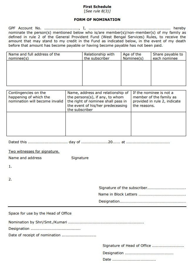 GPF Nomination form for West Bengal Govt employees
