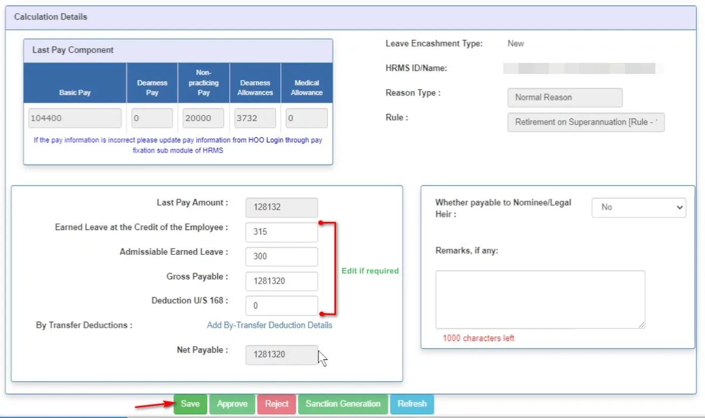 Leave salary calculation page in WBIFMS