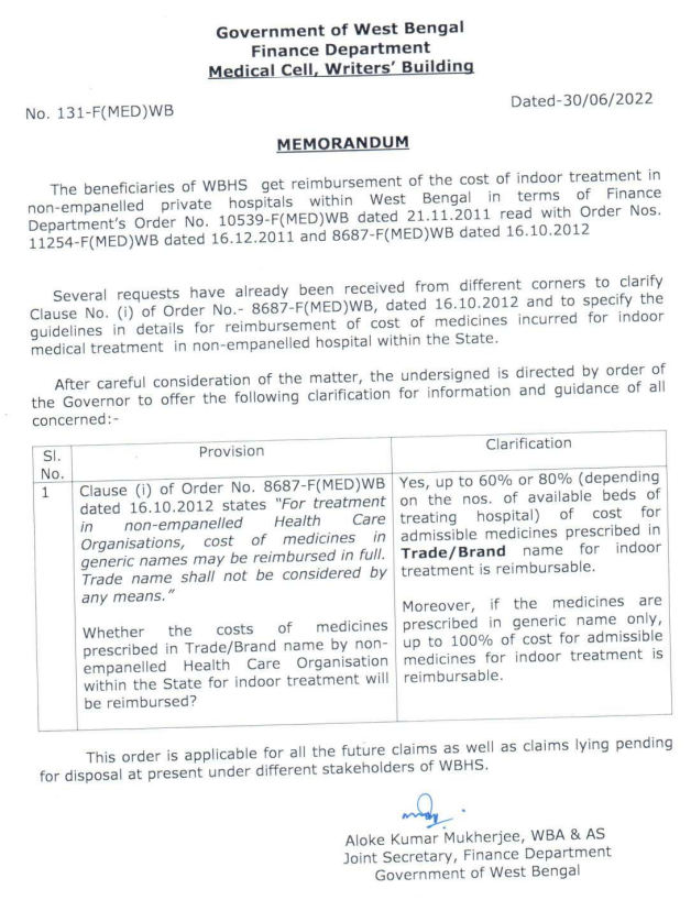 Clarification for information of Reimbursement of Cost of Medicine 1 Reimbursement of Cost of Medicine