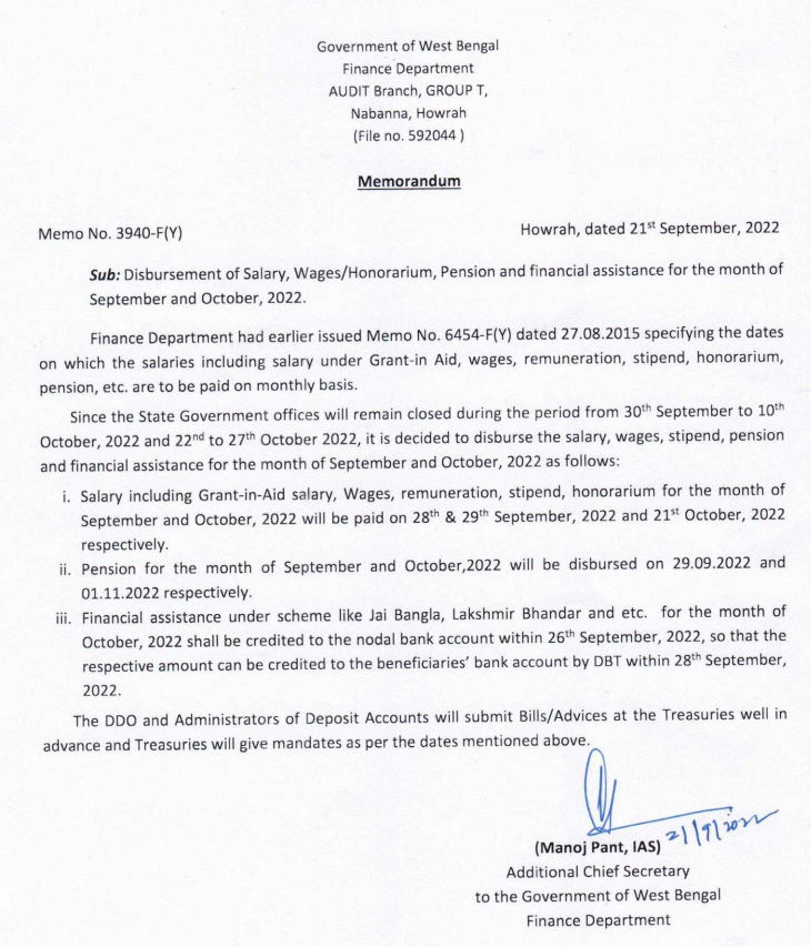 disbursement date of salary for the month of Sep and Oct 2022