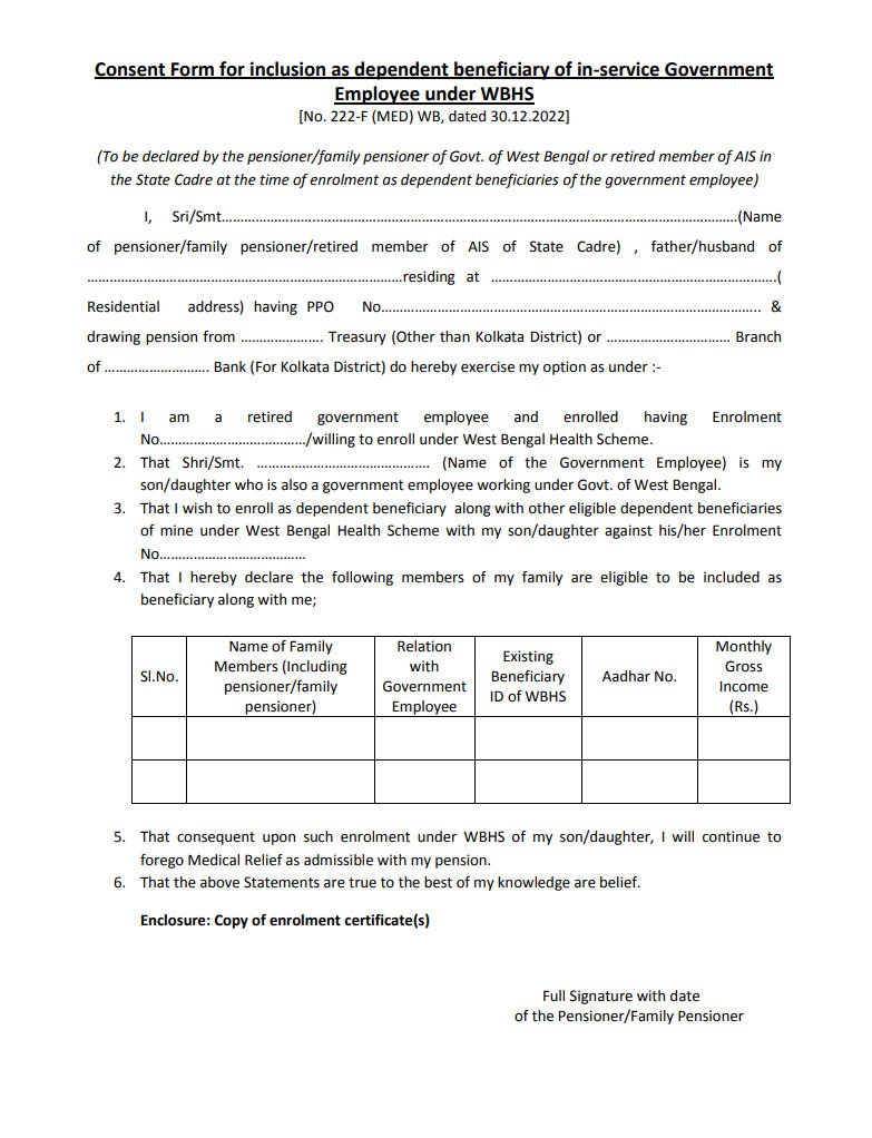 Inclusion of pensioner as dependent beneficiary under WBHS consent form