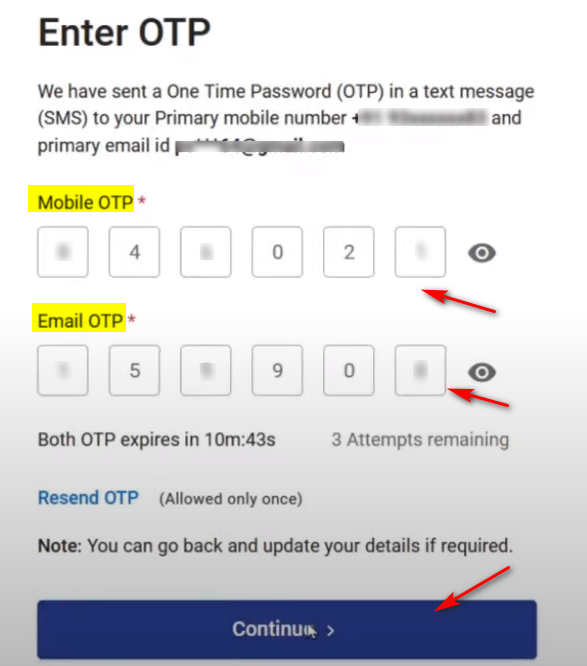 Enter mobile and email verification code