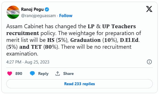 Tweet of Education Minister