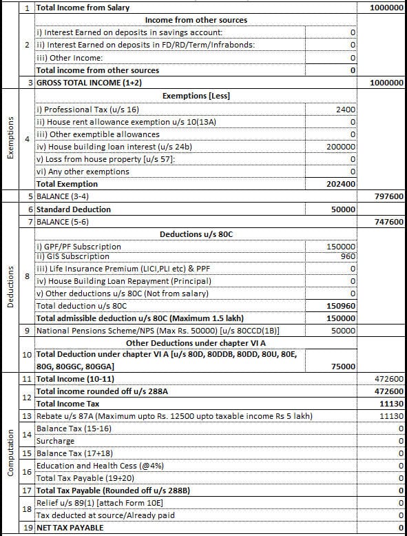 Zero Income Tax for above 10 lakh income Calculation Sheet