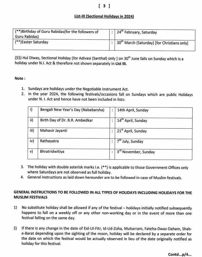 West Bengal Holiday List 2024 List 3