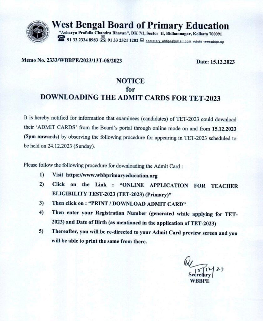 Primary TET 2023 Admit Card download