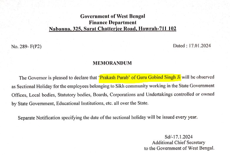 New Holiday in West Bengal