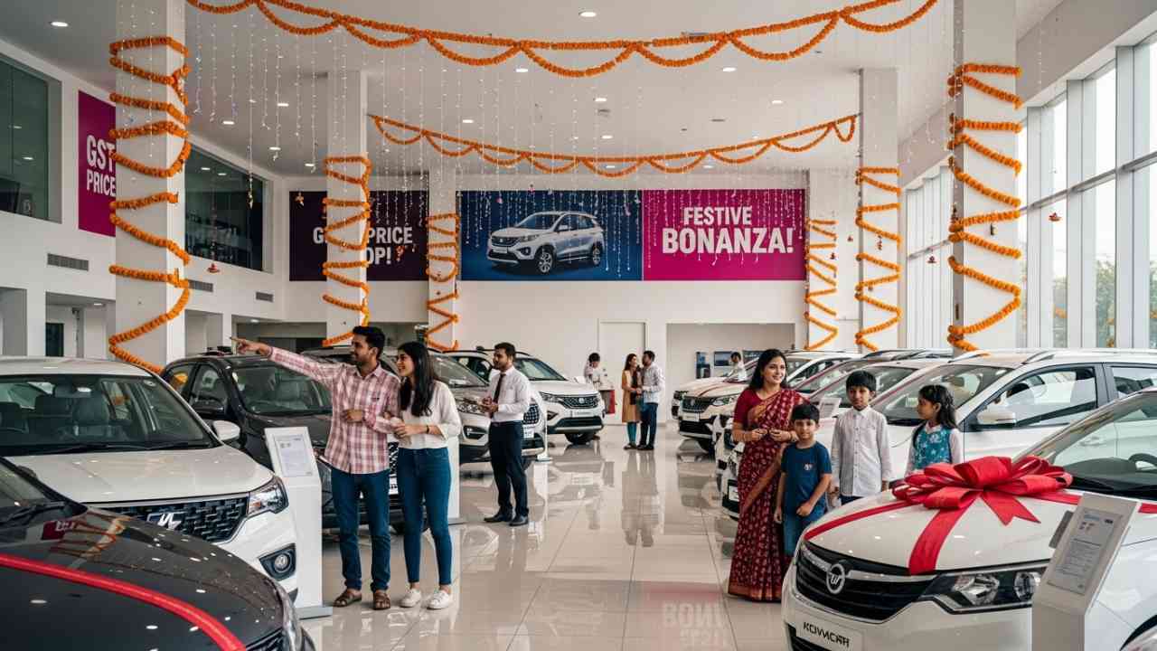A Car Showroom With Lots Of Cars During Festive Season