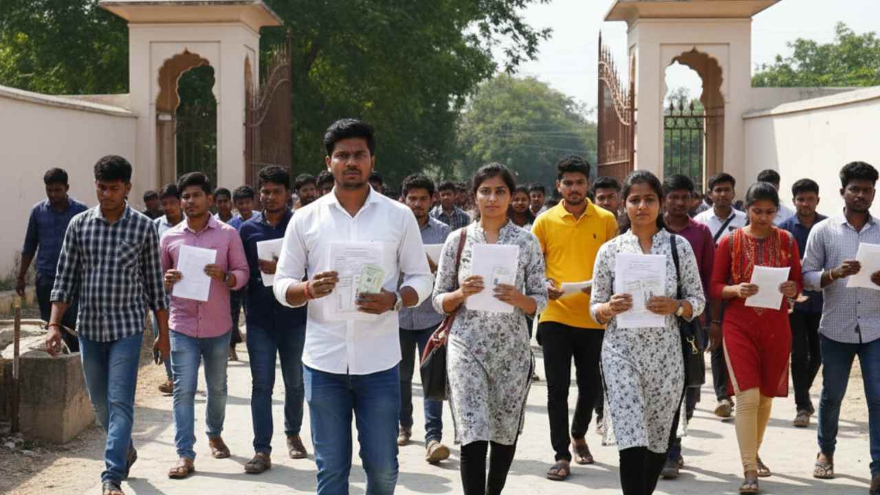 Recruitment Exam Aspirants At The Entrance Of Center Job