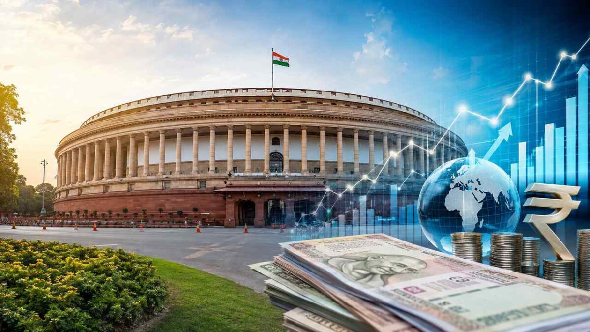 Indian Parliament With Rupees