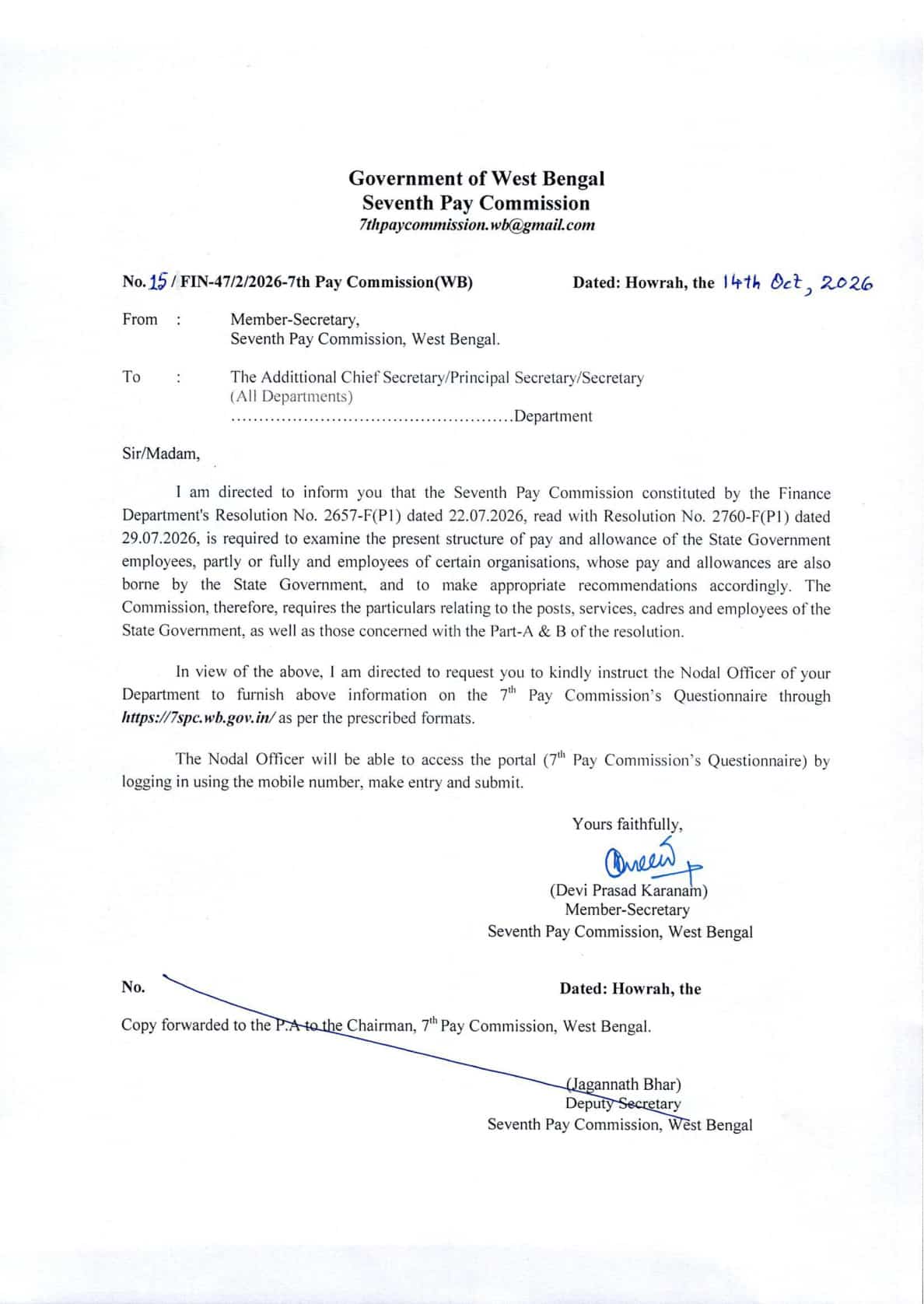 First page of 15/FIN-47/2/2026-7th Pay Commission(WB)