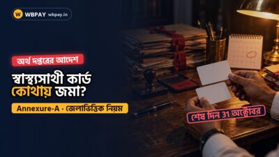 অফিসের টেবিলে দুটি স্বাস্থ্য কার্ড হাতে এক কর্মী, পাশে ফাইল, রাবার স্ট্যাম্প ও লাল দাগ দেওয়া ক্যালেন্ডার