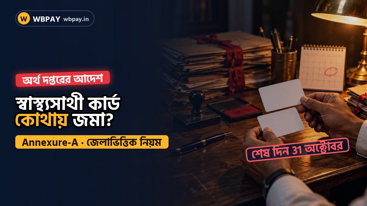 অফিসের টেবিলে দুটি স্বাস্থ্য কার্ড হাতে এক কর্মী, পাশে ফাইল, রাবার স্ট্যাম্প ও লাল দাগ দেওয়া ক্যালেন্ডার