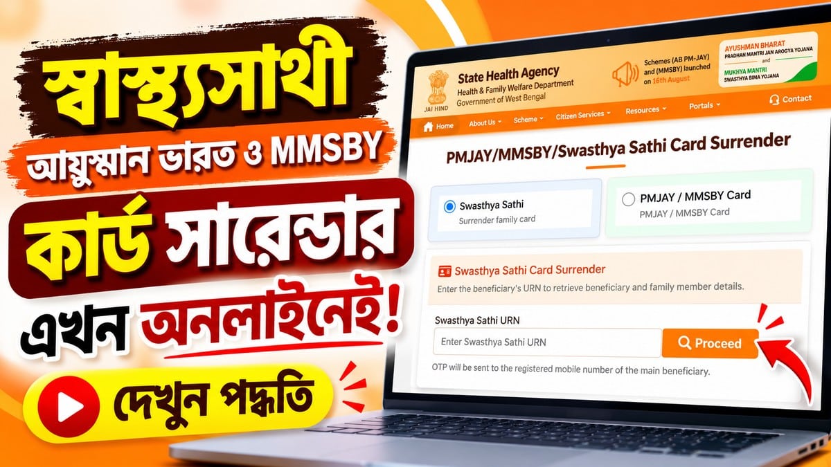 স্বাস্থ্যসাথী, আয়ুষ্মান ভারত ও MMSBY কার্ড সারেন্ডার এখন অনলাইনে: পাশে ল্যাপটপে SHA পোর্টালের কার্ড সারেন্ডার পাতা
